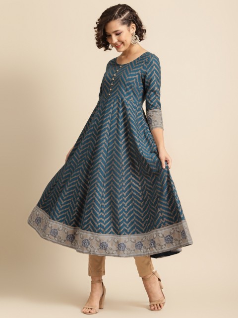 

DIVA WALK Women Teal Blue & Golden Chevron Printed Anarkali Kurta