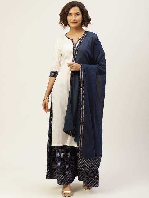 

Laabha Women White & Navy Blue Solid Pure Cotton Kurta with Palazzos & Dupatta