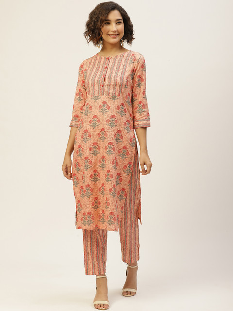 

Laabha Women Peach-Coloured & Red Printed Kurta with Trousers