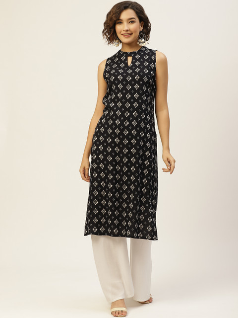 

Laabha Women Navy Blue & Off White Printed Keyhole Neck Kurta