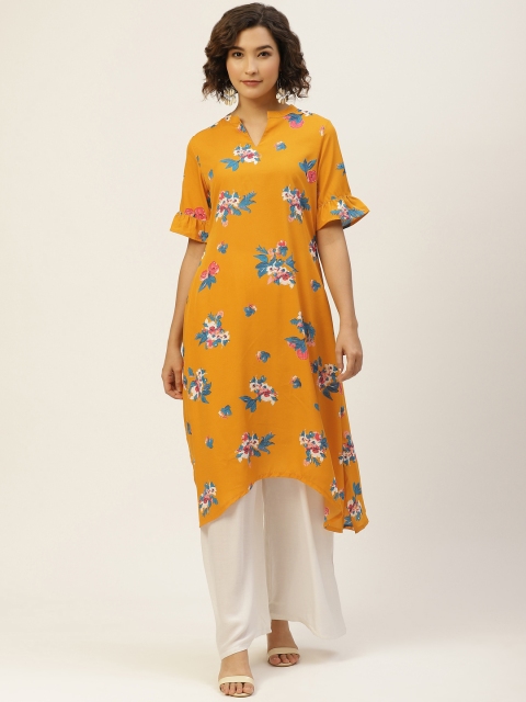 

Laabha Women Mustard Yellow & Blue Floral Printed Bell Sleeves Floral Crepe Kurta