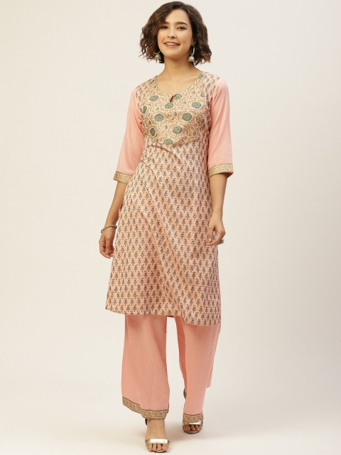 

Laabha Women Peach-Coloured & Blue Printed Kurta with Palazzos