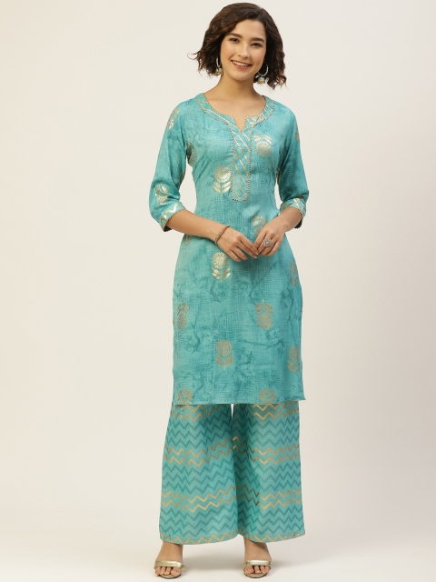 

Laabha Women Blue & Golden Printed Kurta with Palazzos