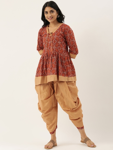 

Me Lady Fashion Women Brown & Beige Bandhani Printed Kurta with Dhoti Pants