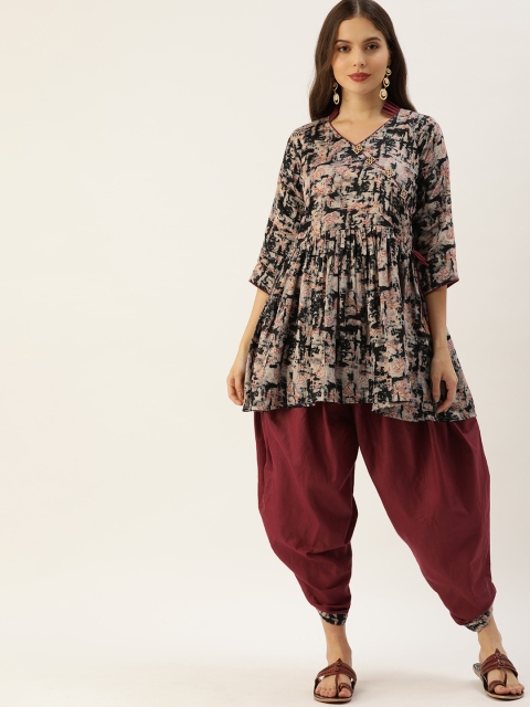 

Me Lady Fashion Women Black Printed Angrakha Kurta with Dhoti Pants