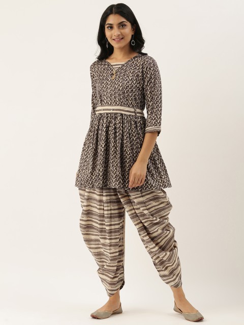 

Me Lady Fashion Women Grey & Off-White Abstract Printed Kurta with Dhoti Pants