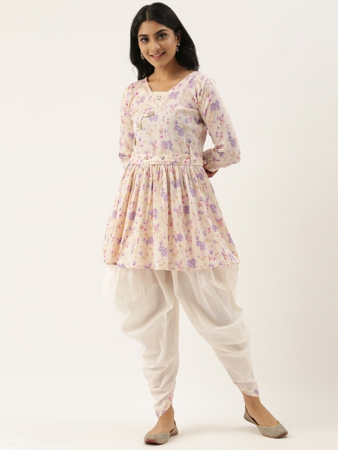 

Me Lady Fashion Women Off-White & Lavender Floral Printed Kurta with Dhoti Pants