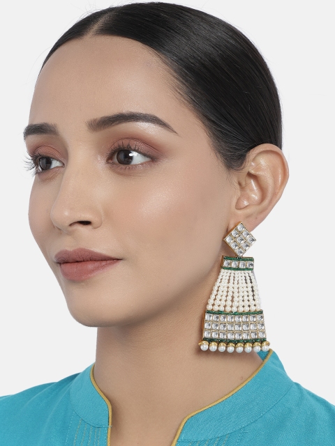 

I Jewels Off-White & Green Gold Plated Beaded Triangular Drop Earrings