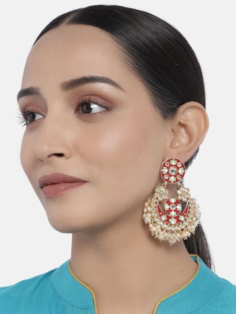 

I Jewels Gold Plated Red & Mint Green Handcrafted Enamel Crescent Shaped Chandbalis