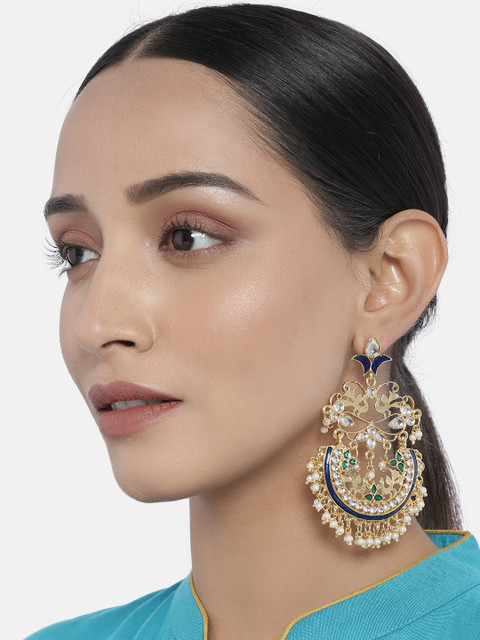 

I Jewels Gold Plated Navy Blue Kundan Handcrafted Crescent Shaped Chandbalis