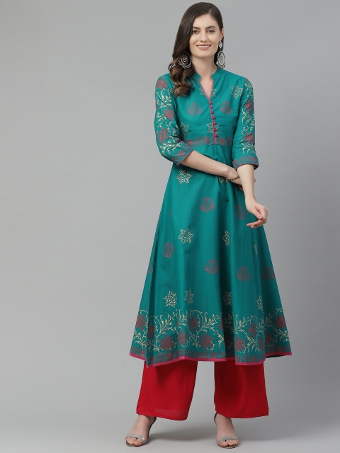 

Akshatani Women Green & Maroon Ethnic Motifs Handblock Print Anarkali Kurta