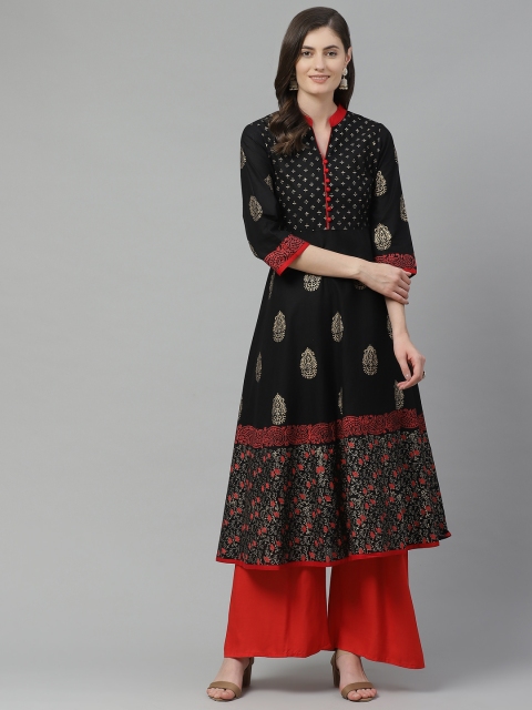 

Akshatani Women Black & Golden Cotton Ethnic Motifs Hand Block Print A-Line Kurta