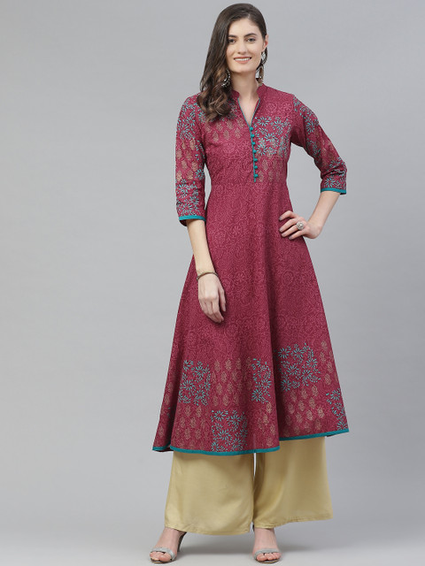 

Akshatani Women Burgundy & Blue Cotton Ethnic Motifs Hand Block Print A-Line Kurta