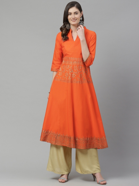 

Akshatani Women Orange & Golden Cotton Ethnic Motifs Hand Block Print A-Line Kurta