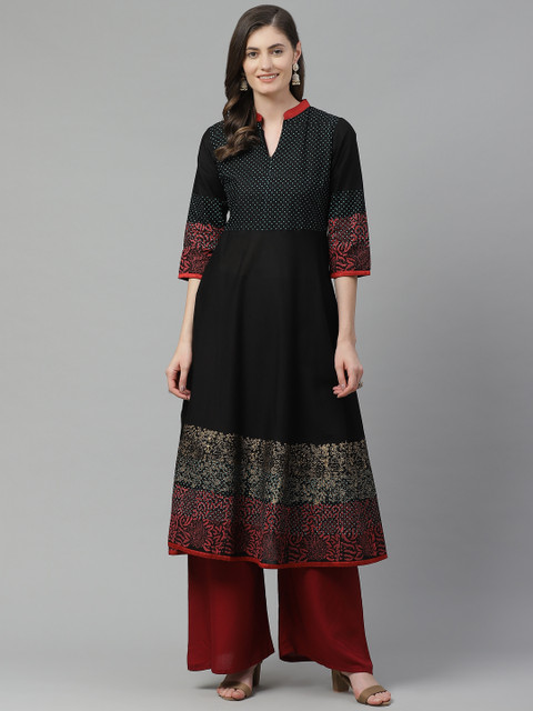 

Akshatani Women Black & Golden Cotton Ethnic Motifs Hand Block Print A-Line Kurta