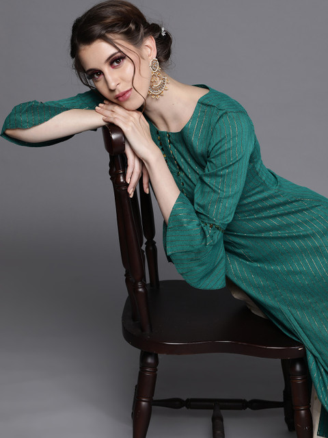 

Inddus Women Green & Golden Striped Flared Sleeves Sequins Straight Kurta