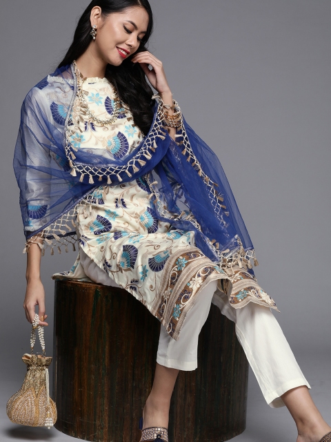 

Inddus Off-White & Blue Woven Design Unstitched Dress Material