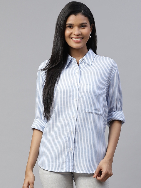 

I AM FOR YOU Women Blue & White Straight Loose Fit Striped Casual Shirt