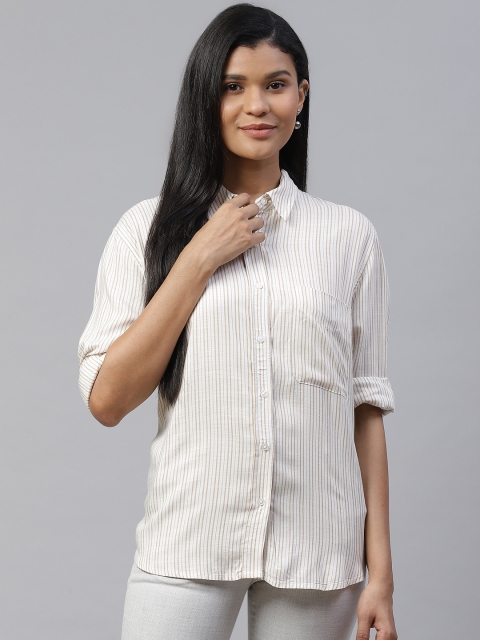 

I AM FOR YOU Women White & Beige Straight Loose Fit Pinstripe Casual Shirt