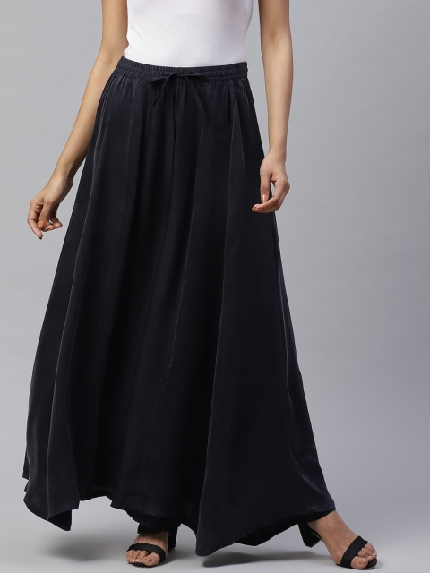 

I AM FOR YOU Women Navy Blue Solid Satin Wide Leg Palazzos