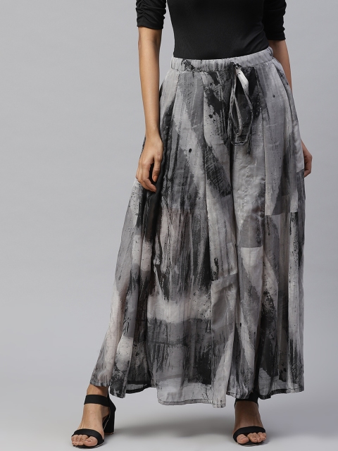 

I AM FOR YOU Women Grey & Black Printed Semi-Sheer Wide Leg Palazzos