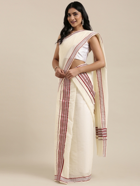 

KALINI Off-White & Maroon Pure Cotton Solid Kasavu Saree