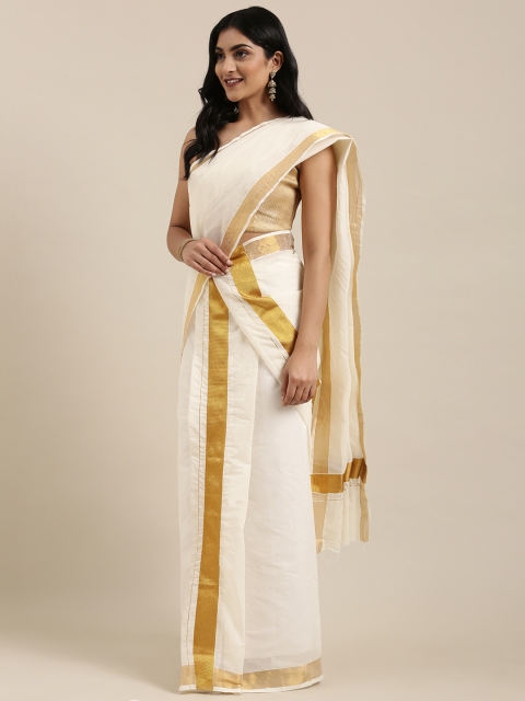 

KALINI White & Golden Pure Cotton Solid Kasavu Mundu Saree