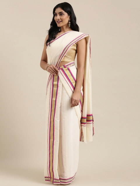 

KALINI Off-White Pure Cotton Solid Kasavu Mundu Saree