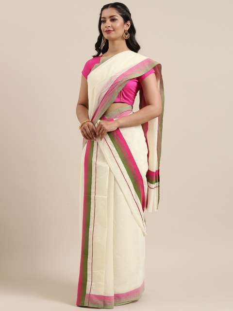 

Mitera Off-White Kerala Pure Cotton Solid Kasavu Mundu Saree