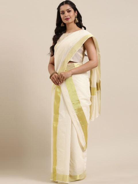 

Mitera Off-White Pure Cotton Solid Kasavu Mundu Saree