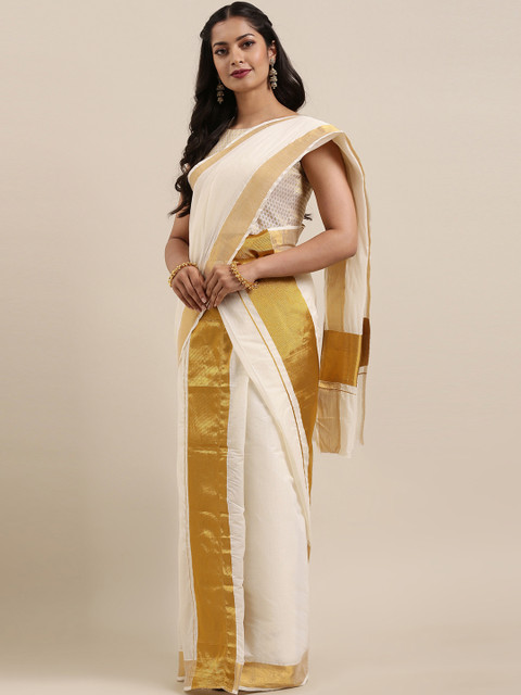 

Mitera Off-White Pure Cotton Solid Kasavu Set Mundu Saree