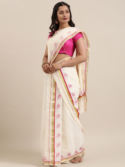 

Mitera Off-White Pure Cotton Solid Kasavu Set Mundu Saree