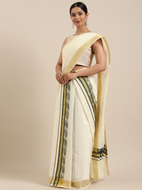 

Mitera Off-White & Gold-Toned Pure Cotton Woven Design Kasavu Saree