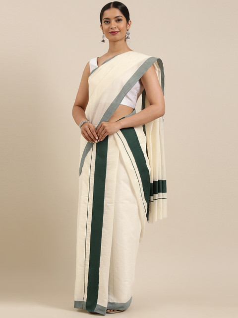 

Mitera Off-White Pure Cotton Solid Kasavu Set Mundu Saree