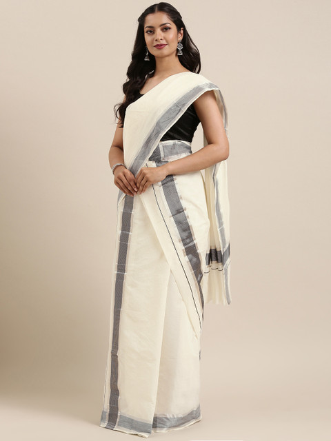 

Mitera Off-White Pure Cotton Woven Design Kasavu Saree