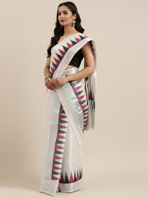 

Mitera Silver-Toned Pure Cotton Woven Design Kasavu Set Mundu Saree