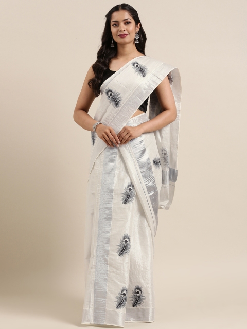 

Mitera Off-White & Black Pure Cotton Printed Kasavu Mundu Saree