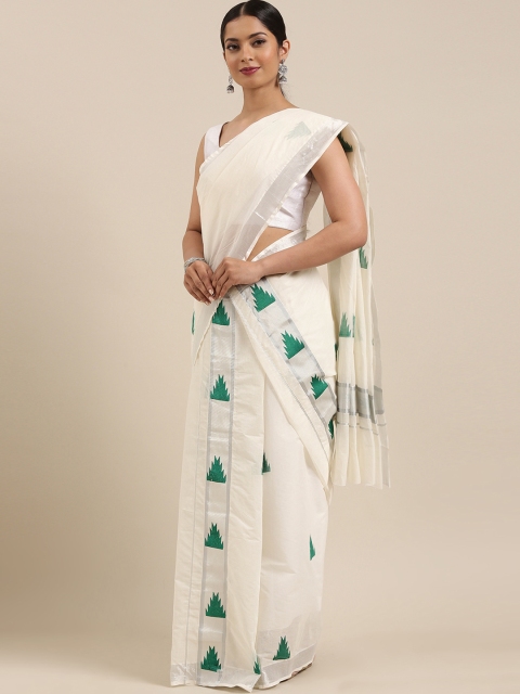 

Mitera Off-White & Green Pure Cotton Woven Design Kasavu Mundu Saree