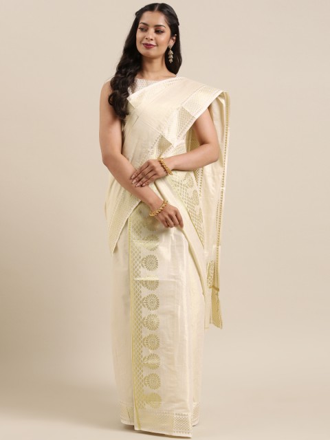 

Mitera Off-White Pure Cotton Solid Kasavu Set Mundu Saree