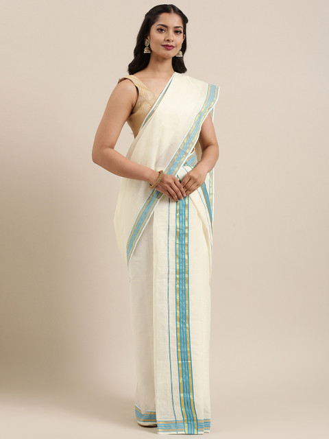 

Mitera Off-White Kerala Pure Cotton Solid Kasavu Mundu Saree