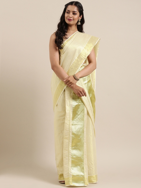 

Mitera Cream-Coloured Pure Cotton Solid Kasavu Mundu Saree