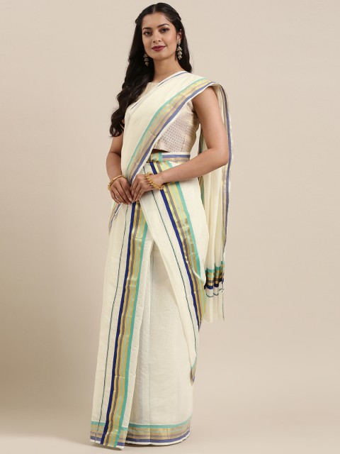 

Mitera Off-White Pure Cotton Solid Kasavu Set Mundu Saree