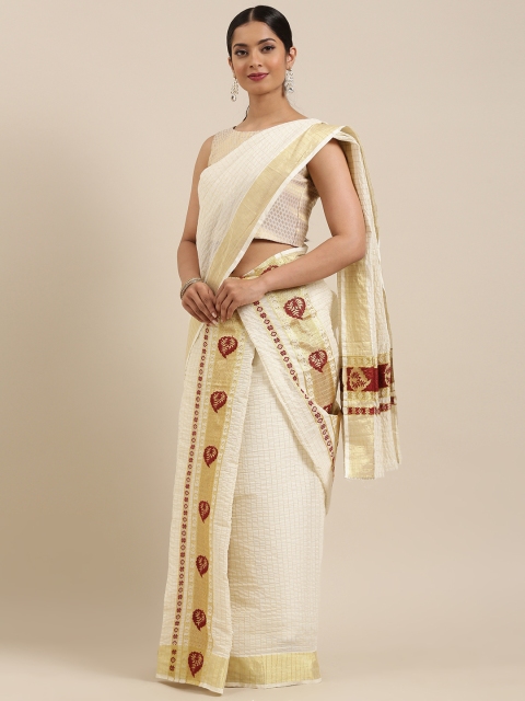 

Mitera Off-White & Golden Pure Cotton Checked Handloom Kasavu Mundu Saree