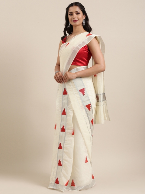 

Mitera Off-White & Red Pure Cotton Printed Handloom Kasavu Mundu Saree