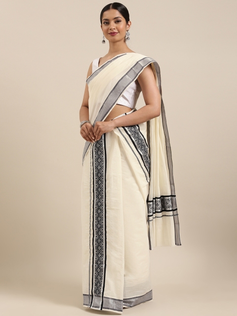 

Mitera Off-White Pure Cotton Solid Kasavu Set Mundu Saree