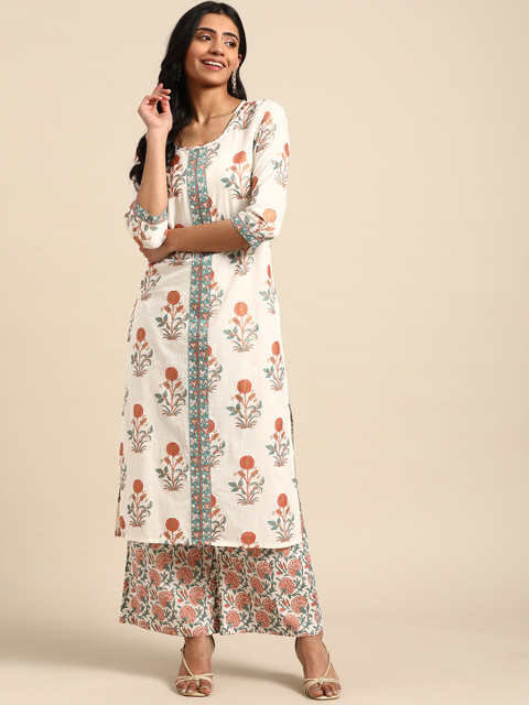 

DIVA WALK Women White & Orange Ethnic Motif Printed Cotton Straight Kurta with Palazzos