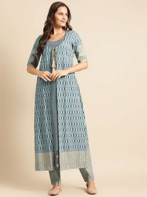 

DIVA WALK Women Grey & Blue Printed Layered Kurta with Trousers