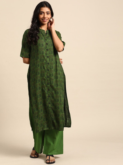 

DIVA WALK Women Green & Black Printed Pure Cotton Kurta with Palazzos