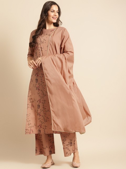 

DIVA WALK Women Brown & Beige Printed Pure Cotton Kurta with Palazzos & Dupatta