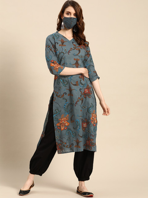 

DIVA WALK Women Navy Blue & Black Printed Cotton Kurta with Salwar & Matching Mask